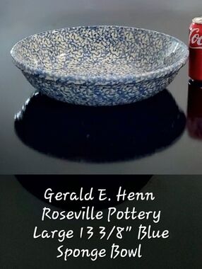 13 3/8" Large Blue Sponged Speckled Earthenware Pasta Bowl Roseville Pottery
